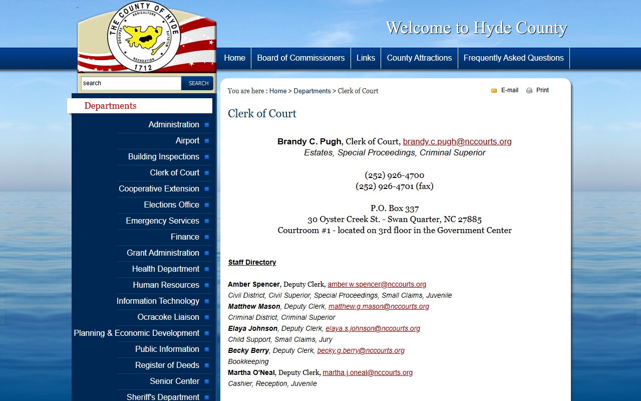 Hyde County Clerk of Superior Court department page