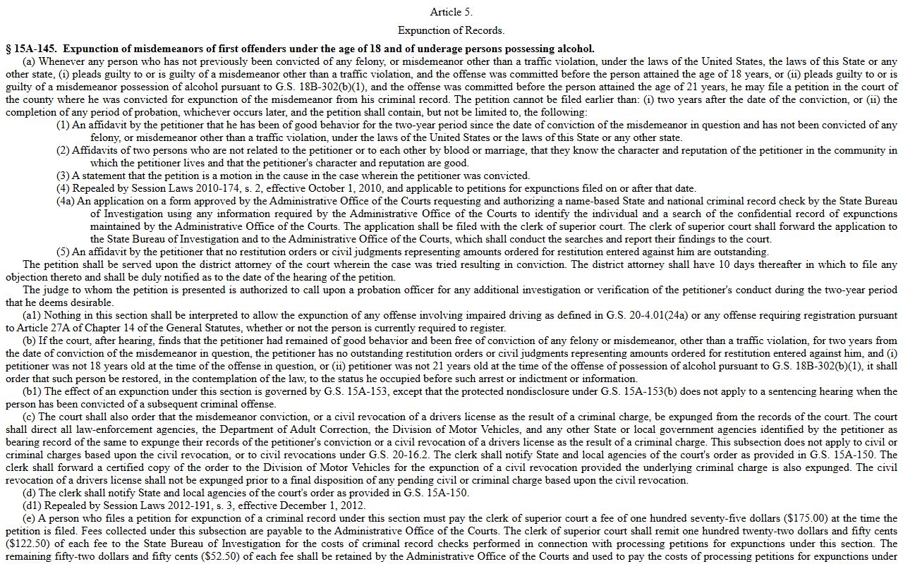 Hyde County criminal court records expunction statute 15A-145