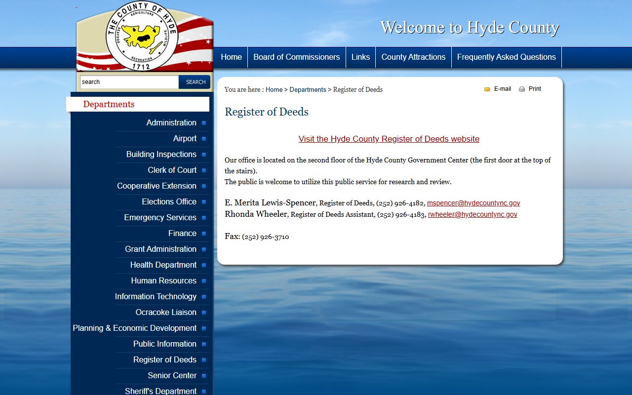 Hyde County marriage records Register of Deeds page