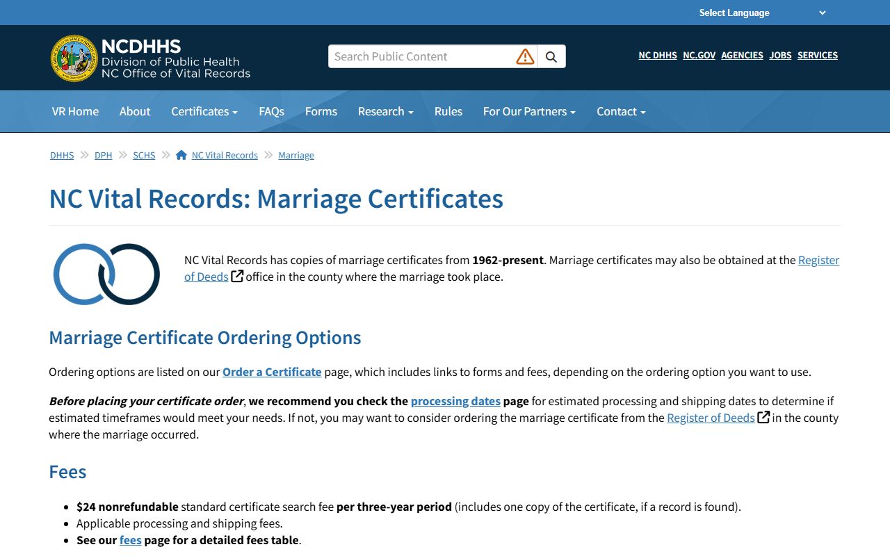 Hyde County marriage records NC Vital Records certificate source