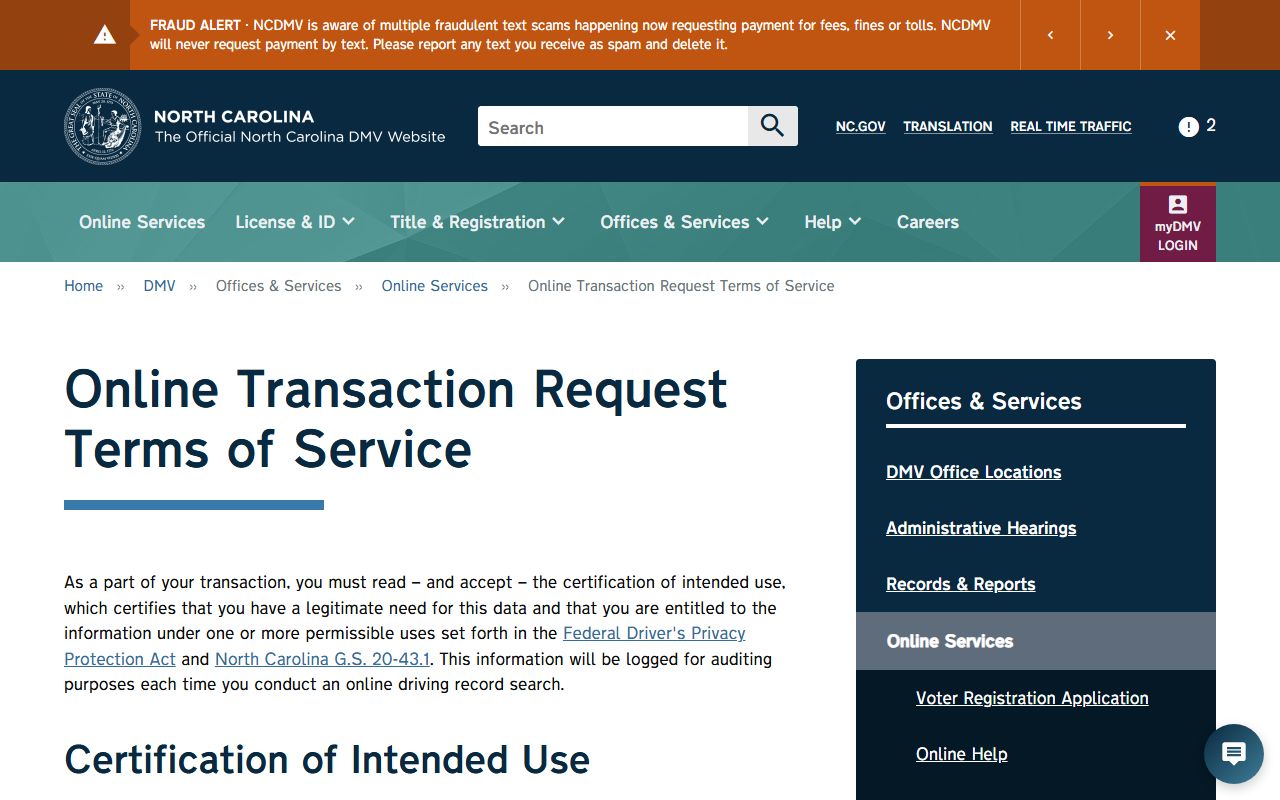 Hyde County traffic court records NCDMV terms of service